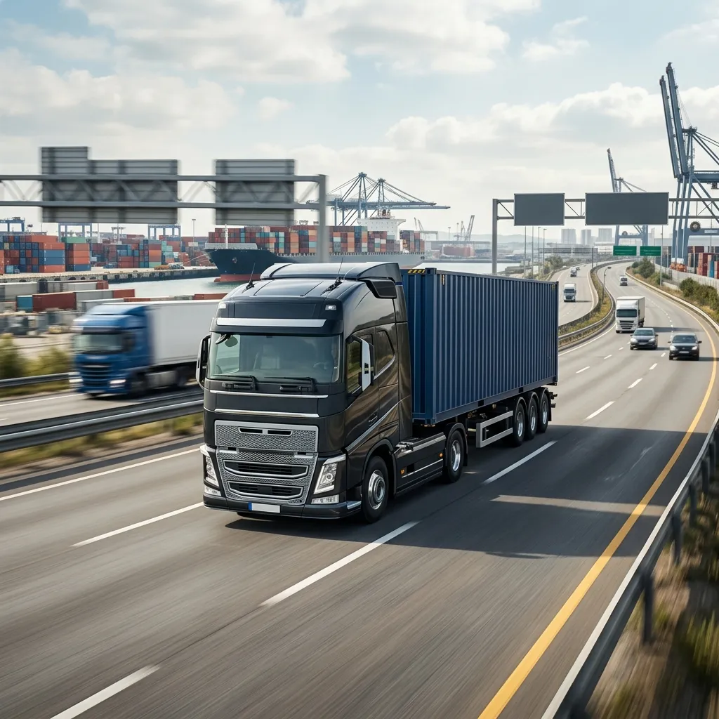 Inland transportation truck carrying shipping containers