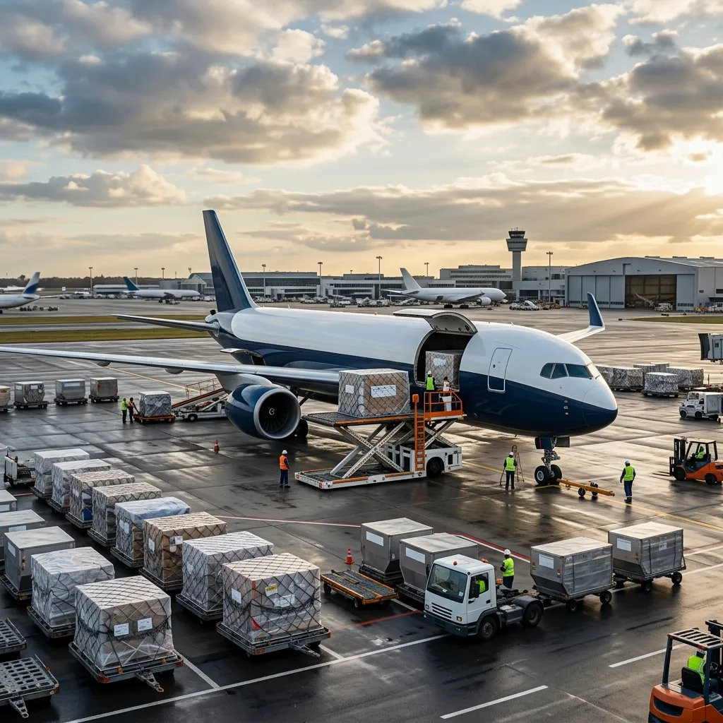 Air cargo freight aircraft on airport tarmac